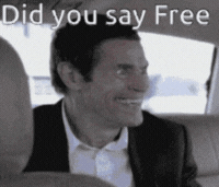 GIF of a man saying "Did you say free" with funny and weird expressions