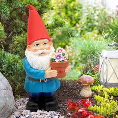 A picture of a garden GNOME holding a flower pot